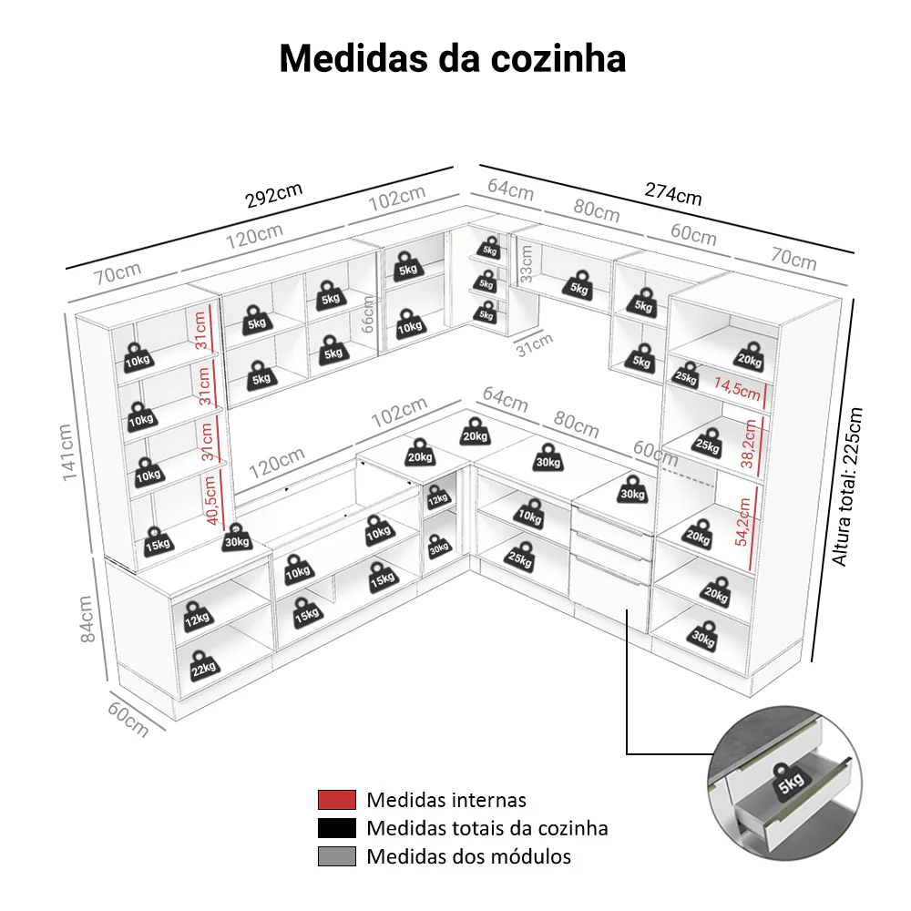Armário de Cozinha Completa 566 x 60 cm Banco Veludo Lux Madesa 01 - Image 3
