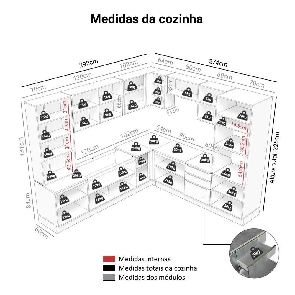 Armário de Cozinha Completa 566 x 60 cm Branco/Cinza Lux Madesa 01 - Image 3