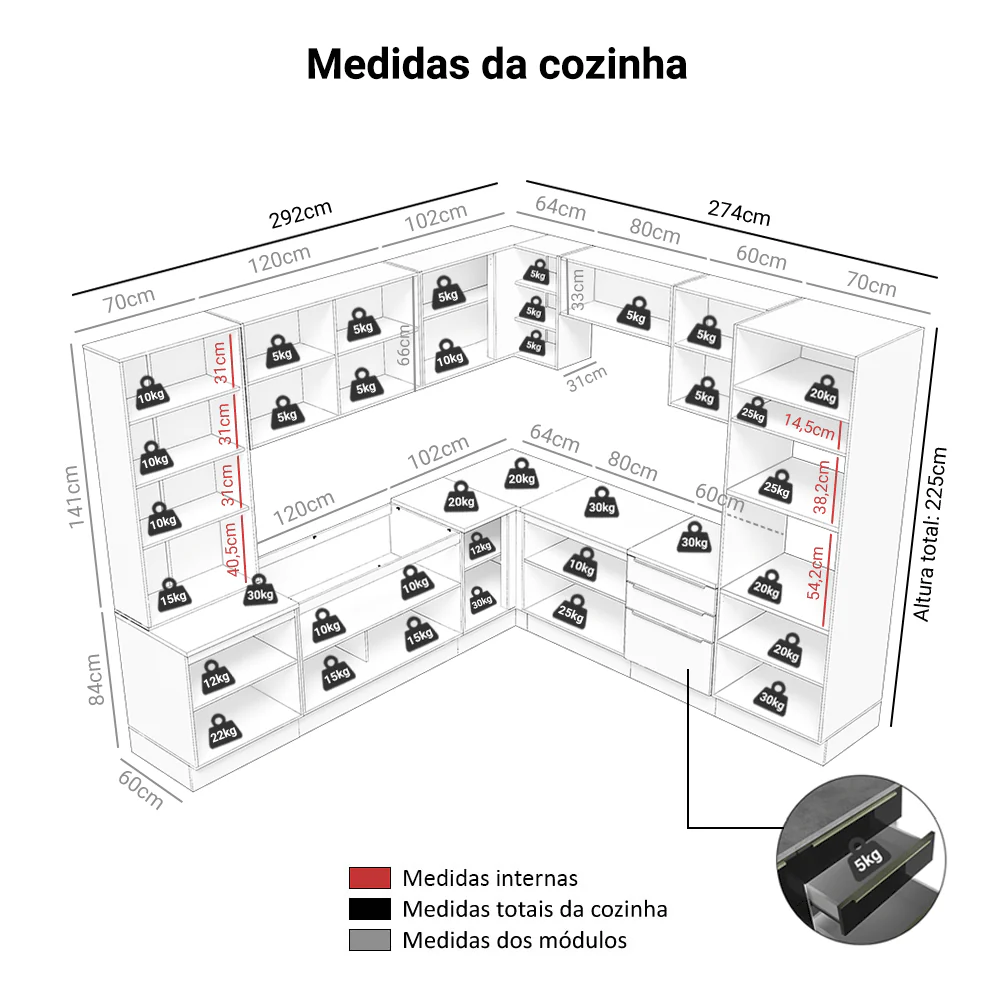 Armário de Cozinha Completa 566 x 60 cm Branco/Preto Lux Madesa 01 - Image 3
