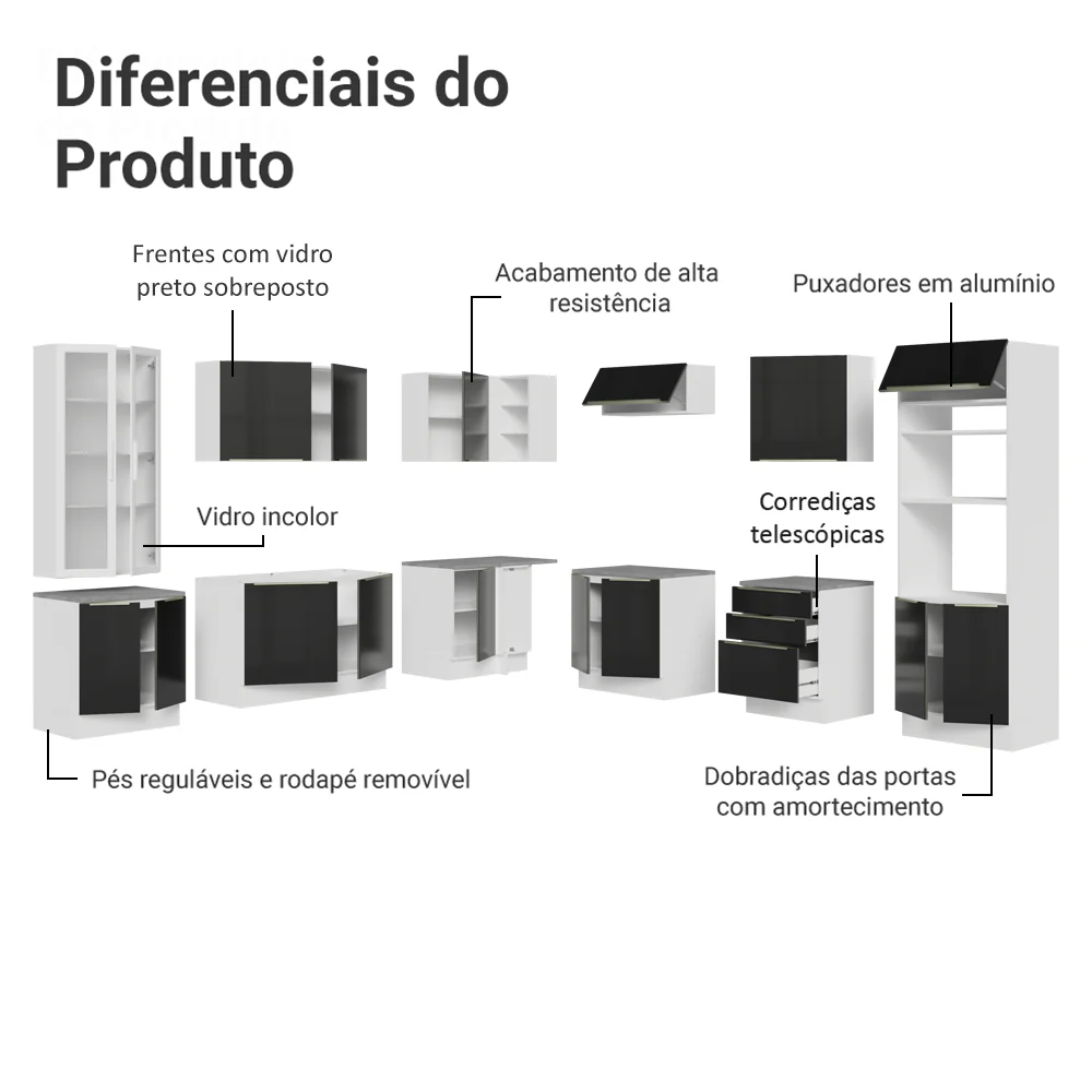 Armário de Cozinha Completa 566 x 60 cm Branco/Preto Lux Madesa 01 - Image 4