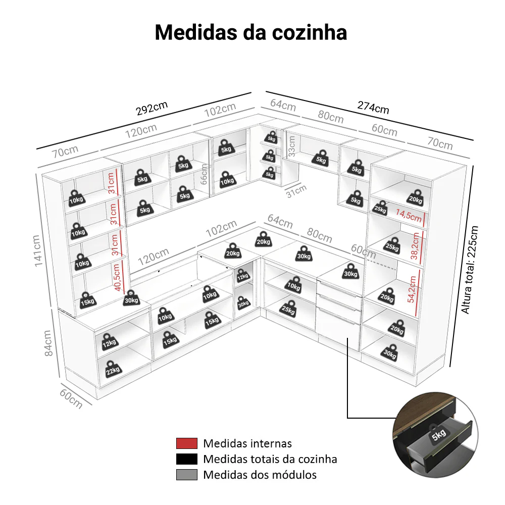 Armário de Cozinha Completa 566 x 60 cm Rustic/Preto Lux Madesa 01 - Image 3