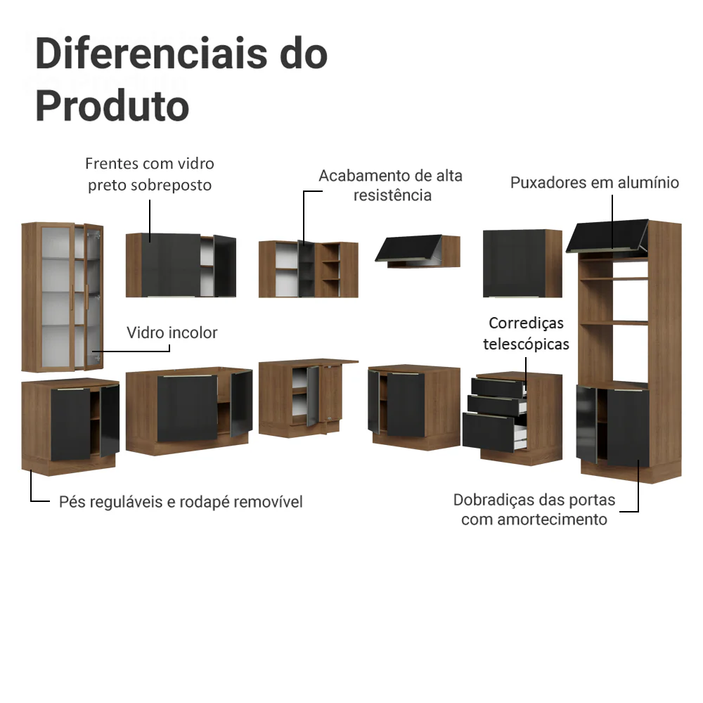 Armário de Cozinha Completa 566 x 60 cm Rustic/Preto Lux Madesa 01 - Image 4