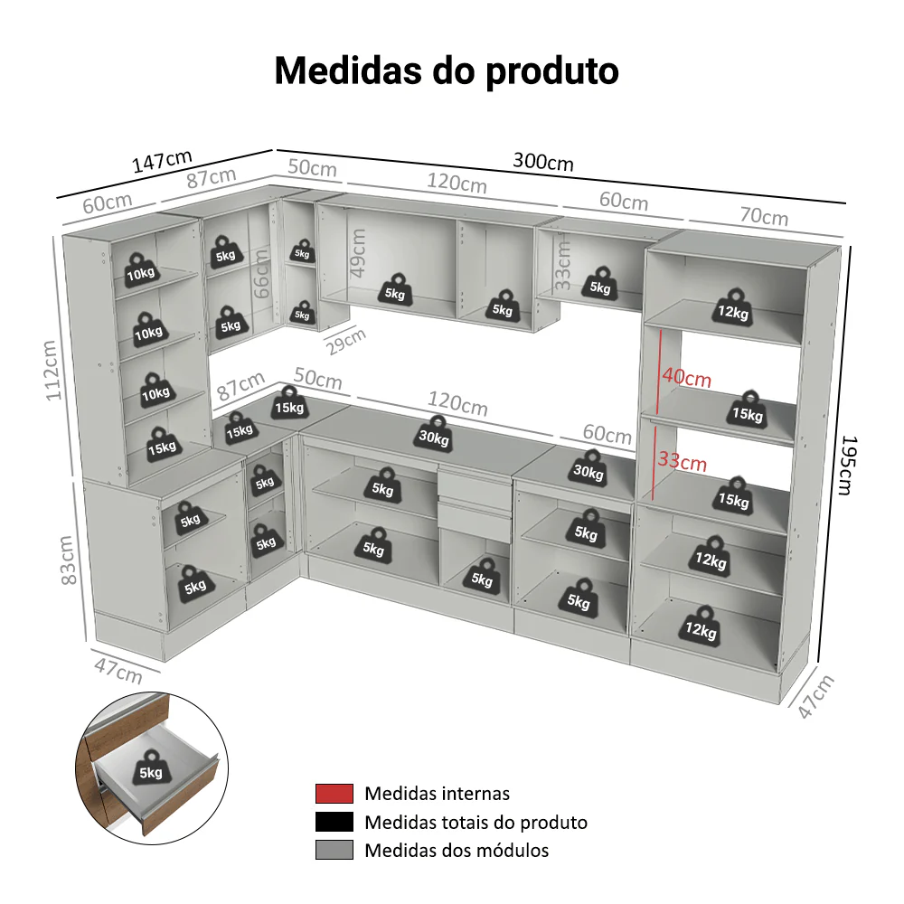 Armário de Cozinha Completa de Canto 100% MDF 447 cm Branco/Rustic/Crema Smart Madesa 02 - Image 3