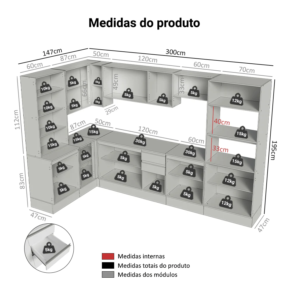 Armário de Cozinha Completa de Canto 100% MDF 447 cm Branco Smart Madesa 02 - Image 3