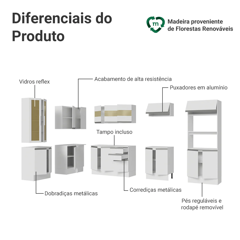 Armário de Cozinha Completa de Canto 100% MDF 447 cm Branco Smart Madesa 02 - Image 4