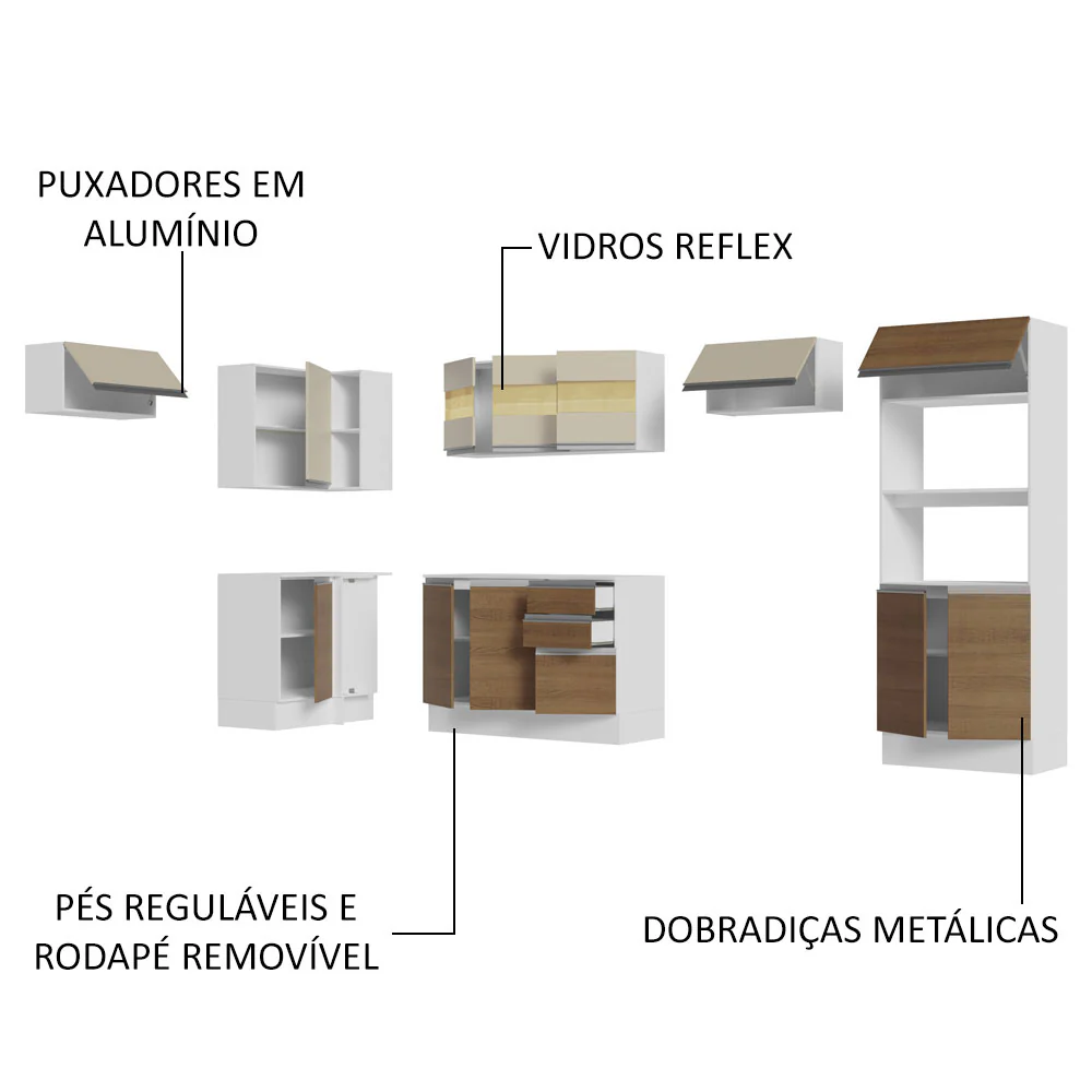Armário de Cozinha Completa de Canto 100% MDF 447cm Branco/Rustic/Crema Smart Madesa 01 - Image 4