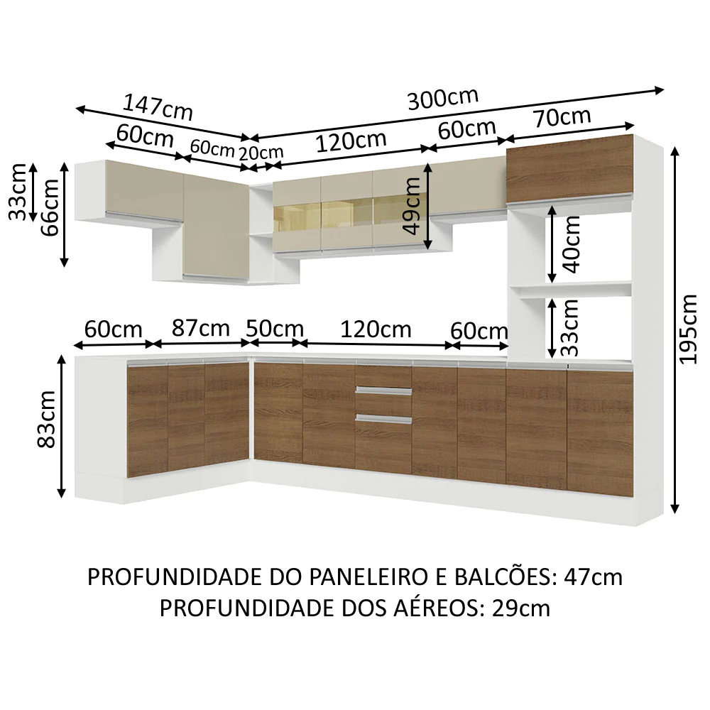 Armário de Cozinha Completa de Canto 100% MDF 447cm Branco/Rustic/Crema Smart Madesa 02 - Image 3