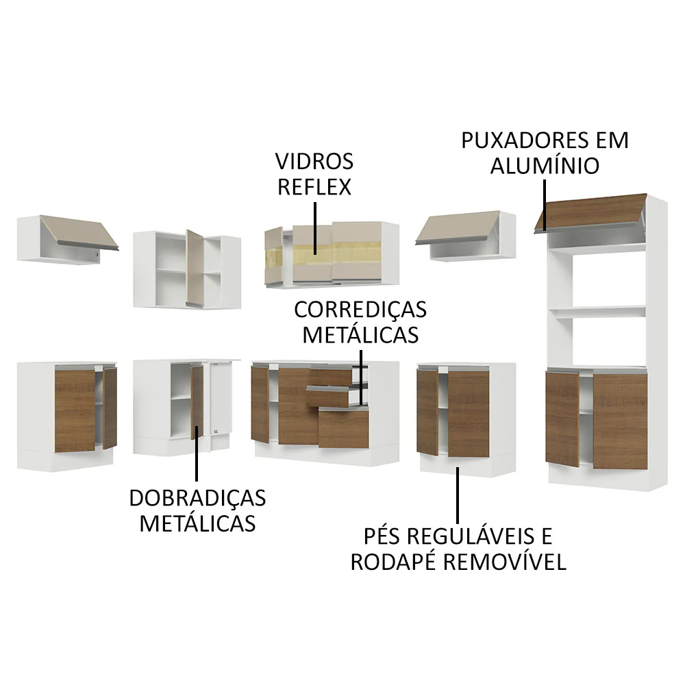 Armário de Cozinha Completa de Canto 100% MDF 447cm Branco/Rustic/Crema Smart Madesa 02 - Image 4