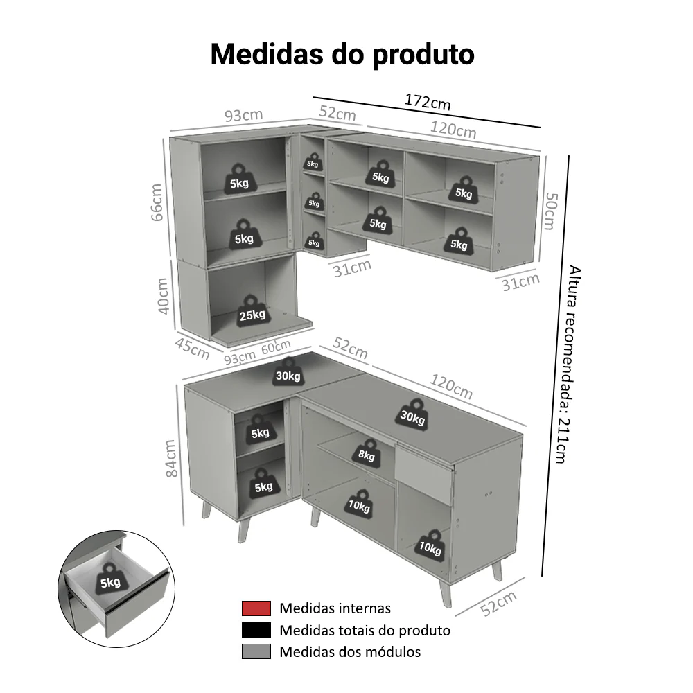 Armário de Cozinha Completa de Canto 265 cm Cinza Nice Madesa 05 - Image 3