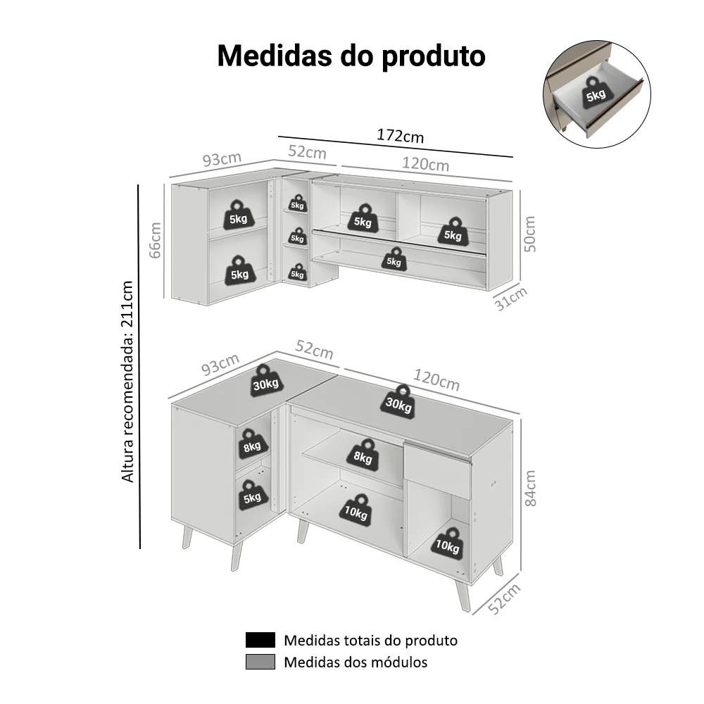 Armário de Cozinha Completa de Canto 265 cm Crema Nice Madesa 02 - Image 3