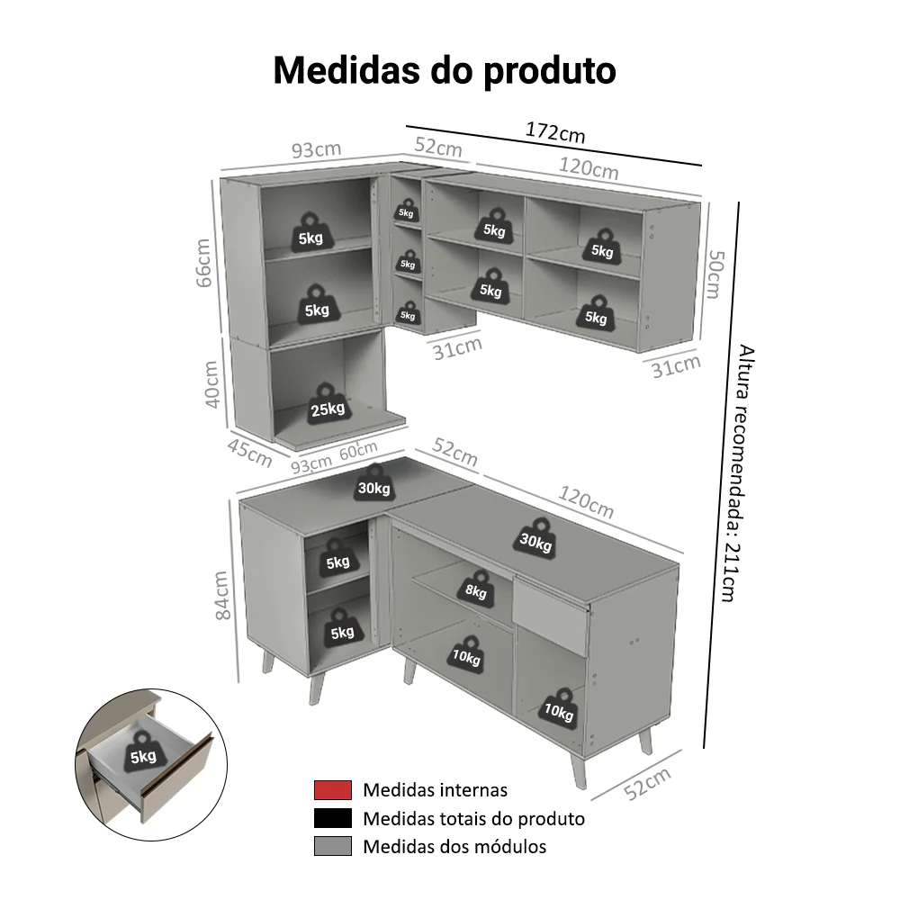 Armário de Cozinha Completa de Canto 265 cm Crema Nice Madesa 05 - Image 3