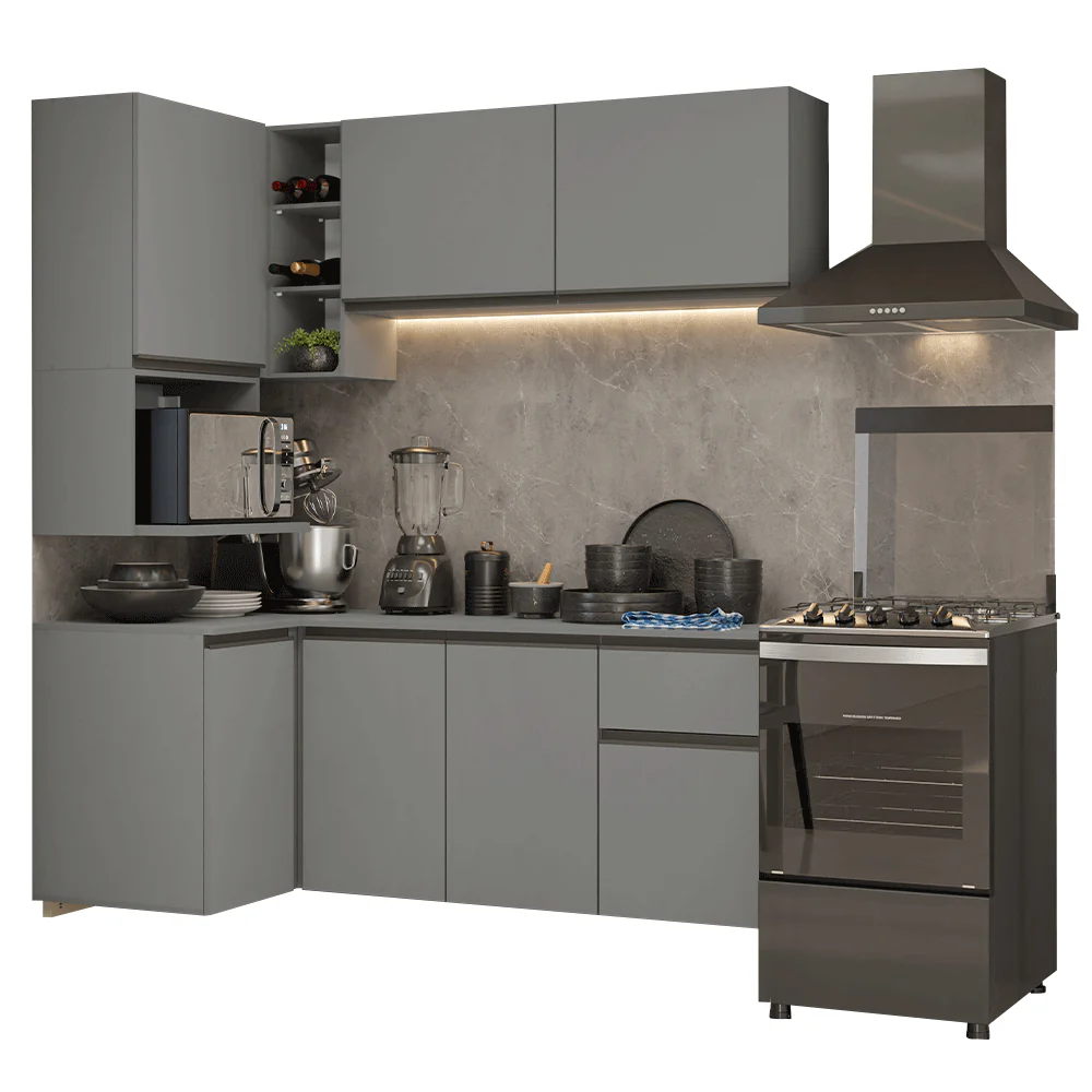 Armário de Cozinha Completa de Canto 265 cm Suspensa Cinza Nice Madesa 06 - Image 2