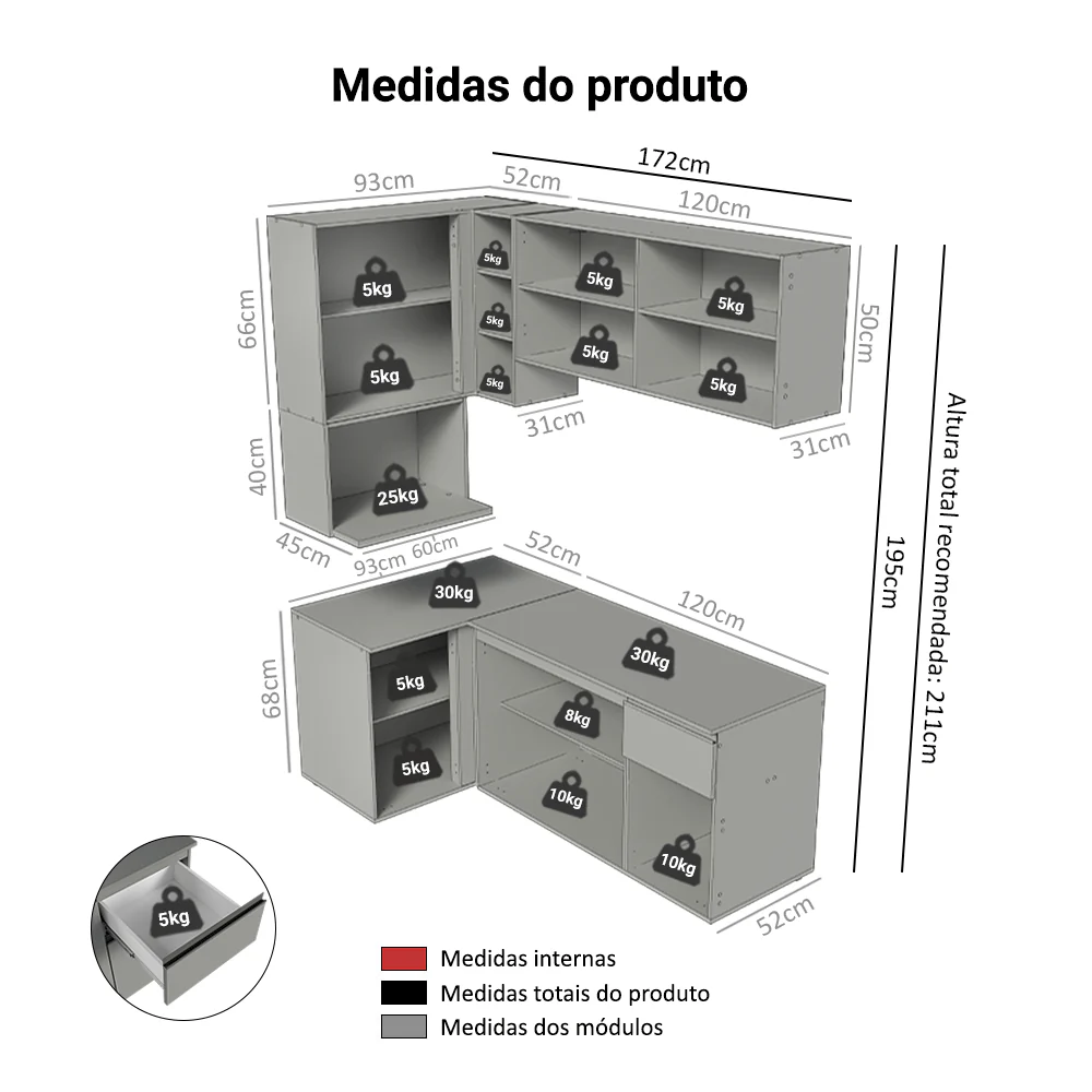 Armário de Cozinha Completa de Canto 265 cm Suspensa Cinza Nice Madesa 06 - Image 3