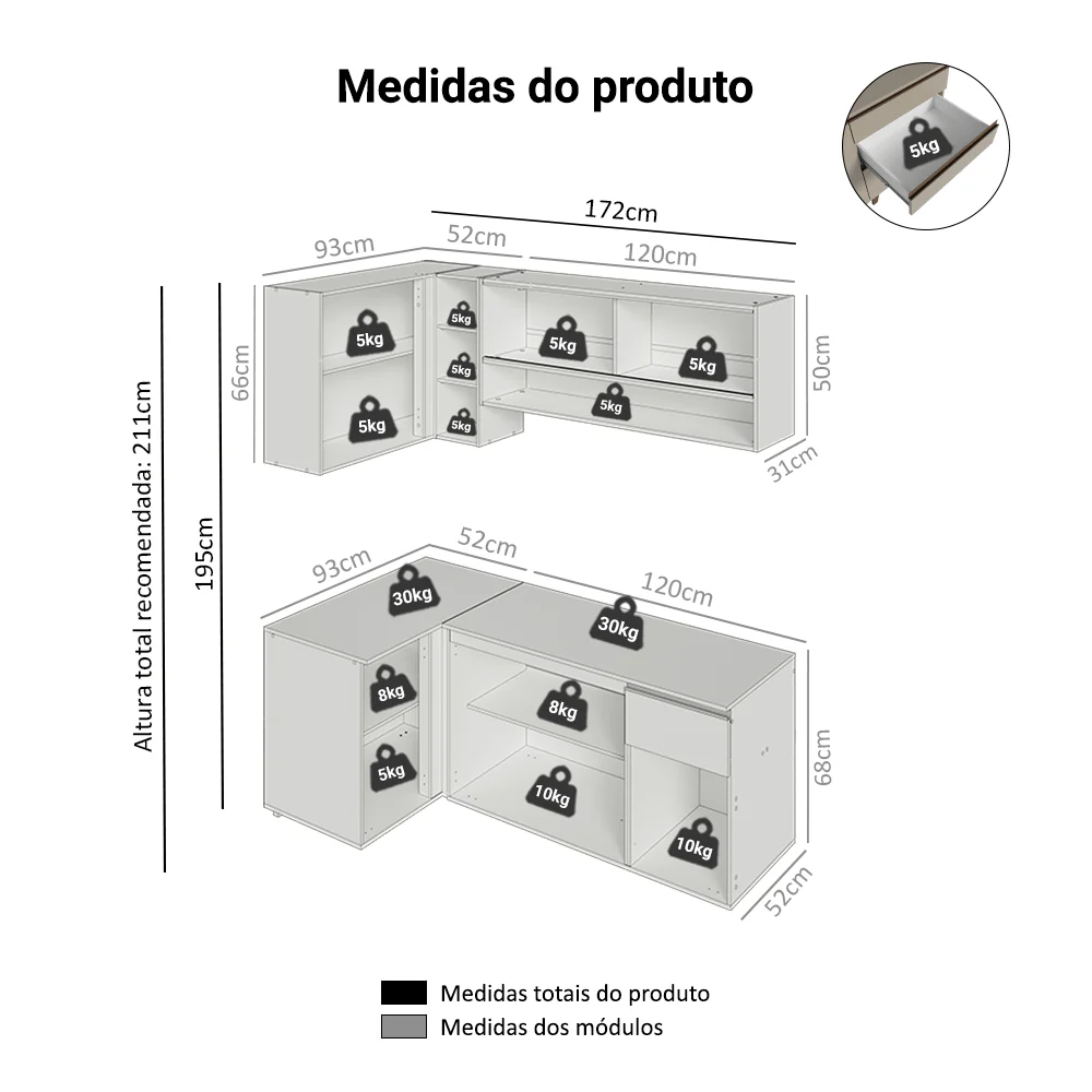 Armário de Cozinha Completa de Canto 265 cm Suspenso Crema Nice Madesa 03 - Image 3