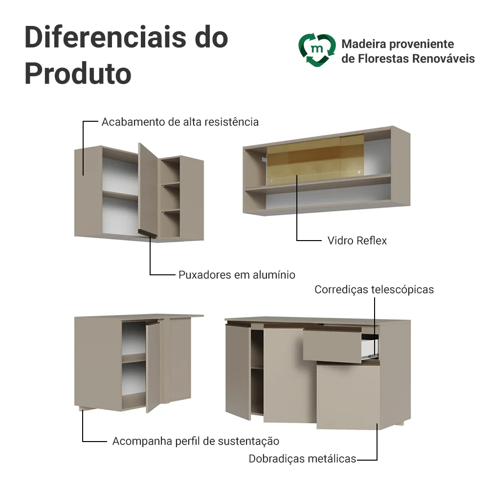 Armário de Cozinha Completa de Canto 265 cm Suspenso Crema Nice Madesa 04 - Image 4