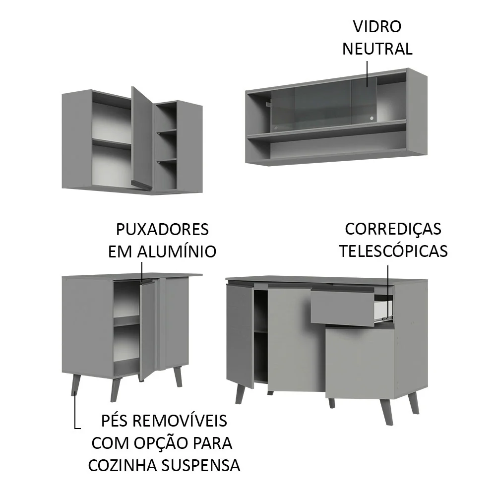 Armário de Cozinha Completa de Canto 265cm Cinza Nice Madesa 01 - Image 4