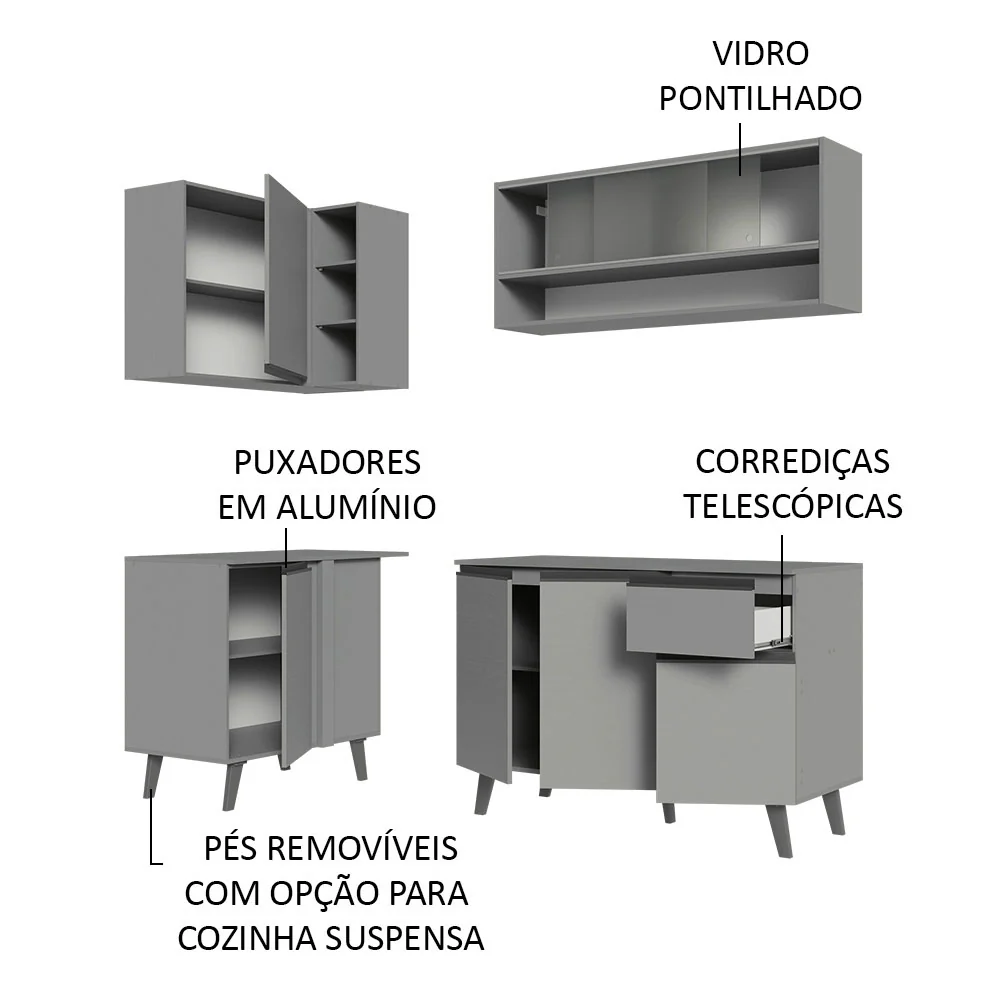 Armário de Cozinha Completa de Canto 265cm Cinza Nice Madesa 02 - Image 4