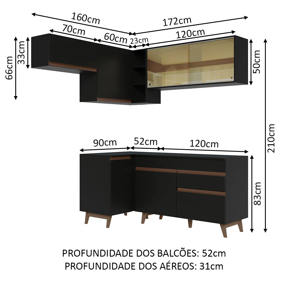 Armário de Cozinha Completa de Canto 332cm Preto Reims Madesa 03 - Image 3