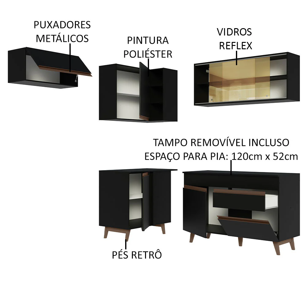 Armário de Cozinha Completa de Canto 332cm Preto Reims Madesa 03 - Image 4