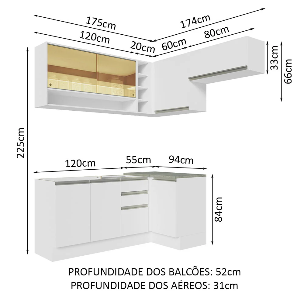 Armário de Cozinha Completa de Canto 349cm Branco Glamy Madesa 06 - Image 3