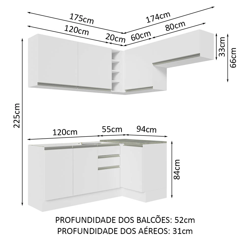 Armário de Cozinha Completa de Canto 349cm Branco Glamy Madesa 07 - Image 3