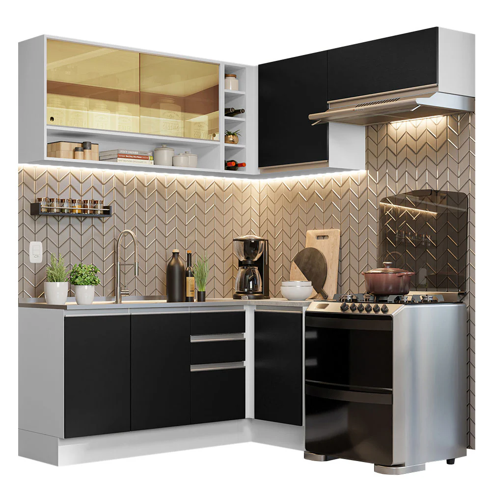 Armário de Cozinha Completa de Canto 349cm Branco/Preto Glamy Madesa 06 - Image 2