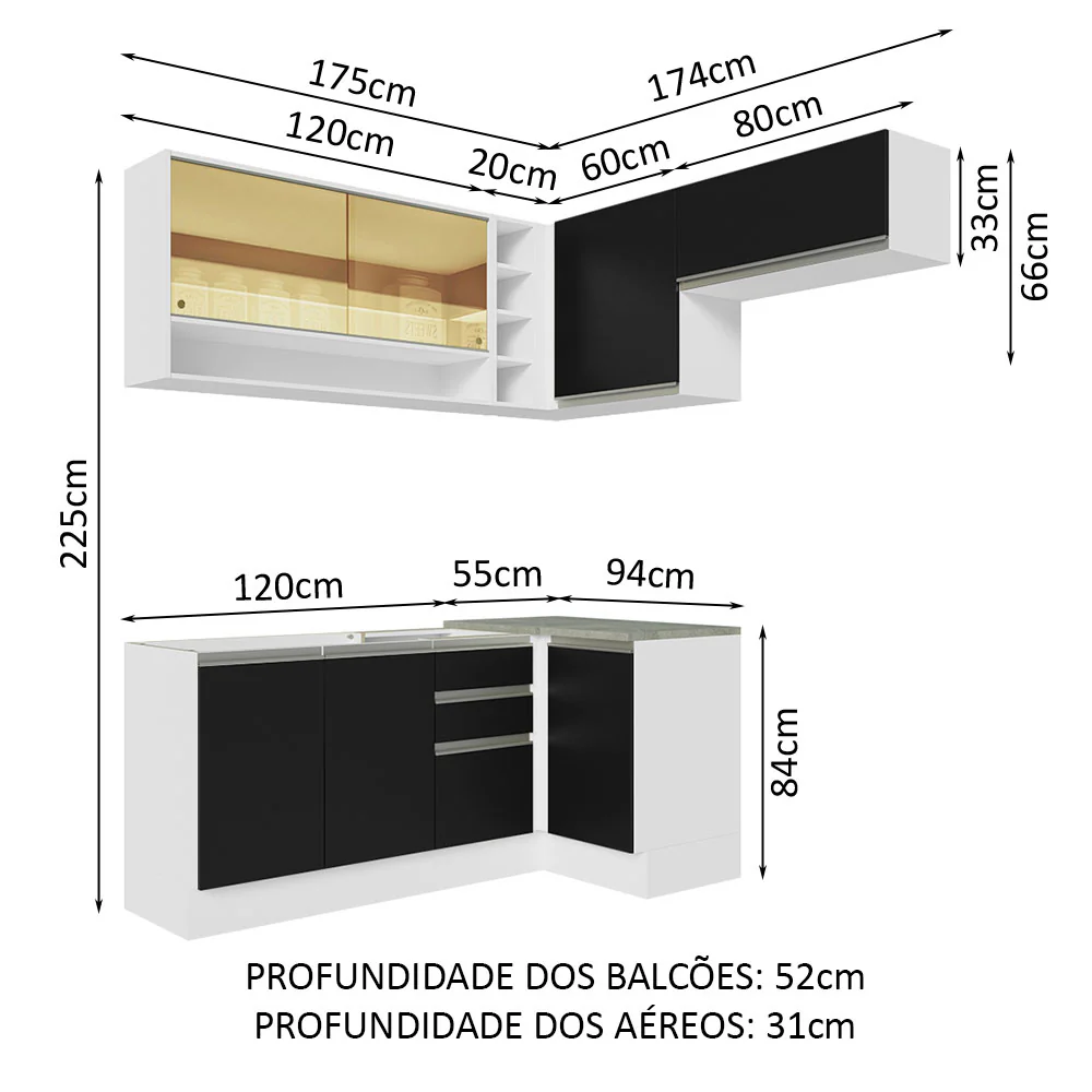 Armário de Cozinha Completa de Canto 349cm Branco/Preto Glamy Madesa 06 - Image 3