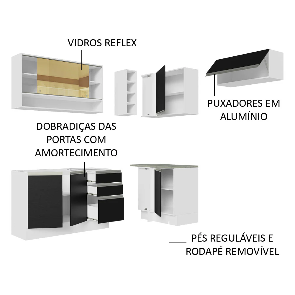 Armário de Cozinha Completa de Canto 349cm Branco/Preto Glamy Madesa 06 - Image 4
