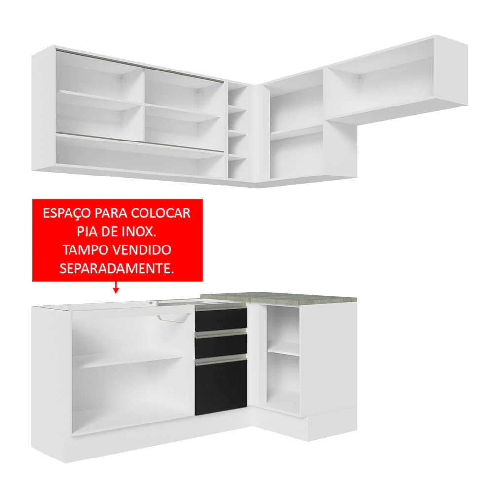 Armário de Cozinha Completa de Canto 349cm Branco/Preto Glamy Madesa 06 - Image 5