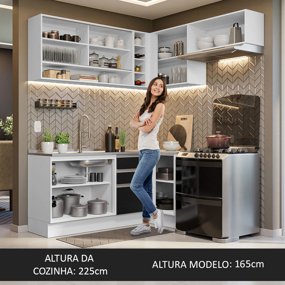 Armário de Cozinha Completa de Canto 349cm Branco/Preto Glamy Madesa 06 - Image 6