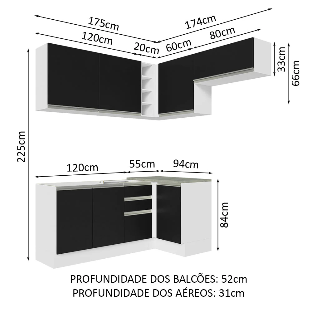 Armário de Cozinha Completa de Canto 349cm Branco/Preto Glamy Madesa 07 - Image 3