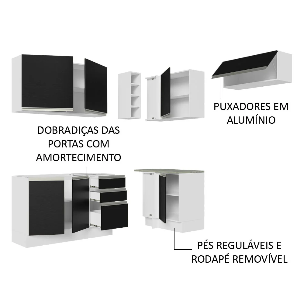 Armário de Cozinha Completa de Canto 349cm Branco/Preto Glamy Madesa 07 - Image 4