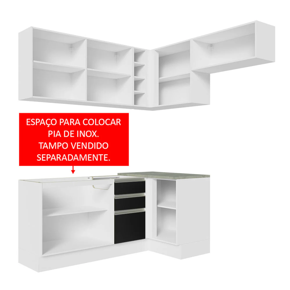 Armário de Cozinha Completa de Canto 349cm Branco/Preto Glamy Madesa 07 - Image 5