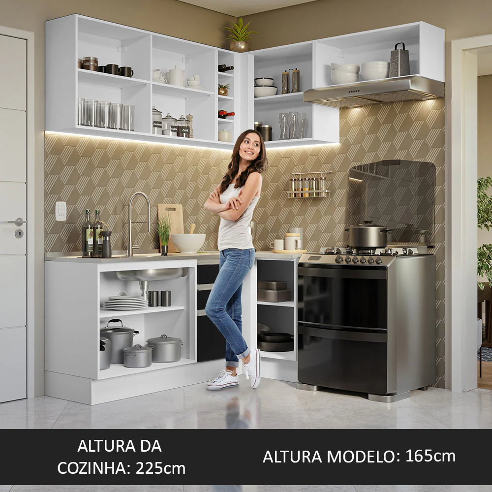 Armário de Cozinha Completa de Canto 349cm Branco/Preto Glamy Madesa 07 - Image 6