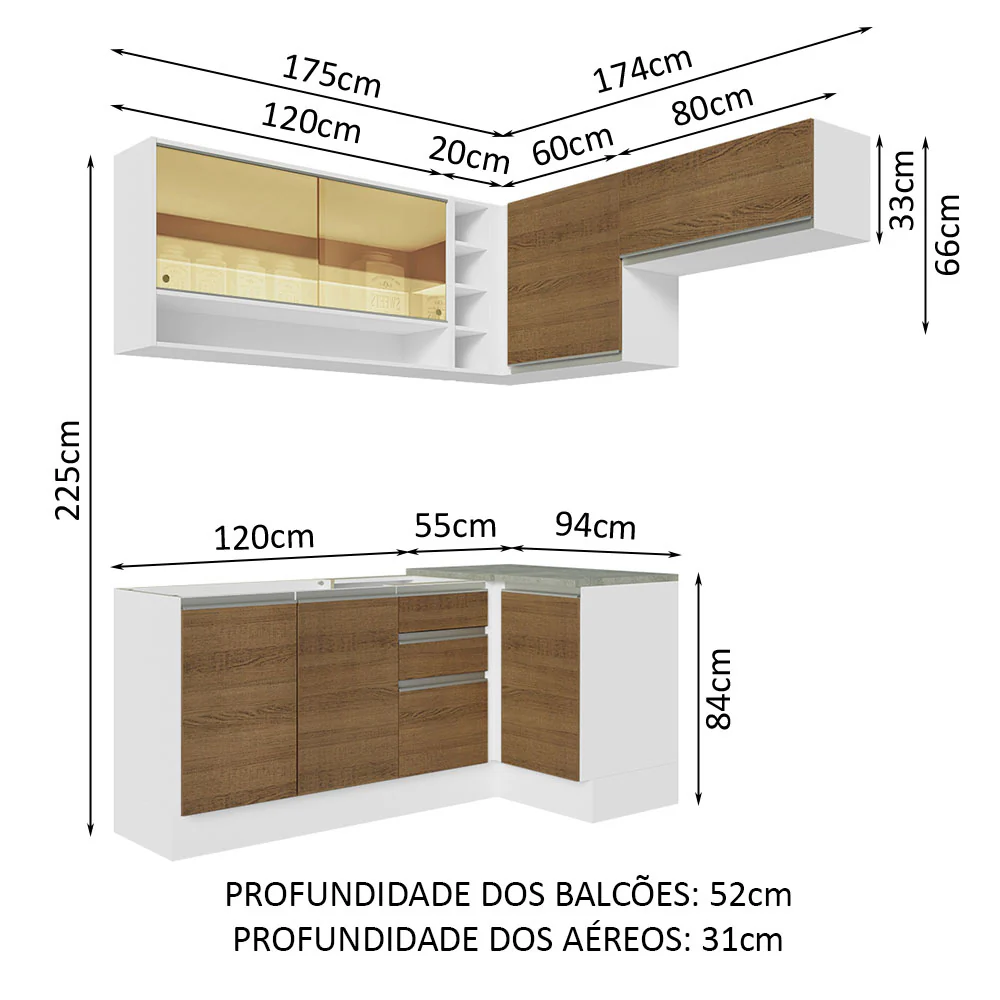 Armário de Cozinha Completa de Canto 349cm Branco/Rustic Glamy Madesa 06 - Image 3