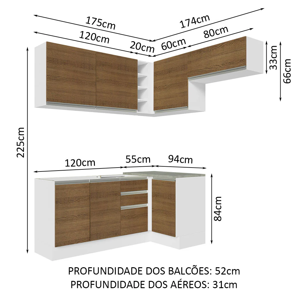Armário de Cozinha Completa de Canto 349cm Branco/Rustic Glamy Madesa 07 - Image 3