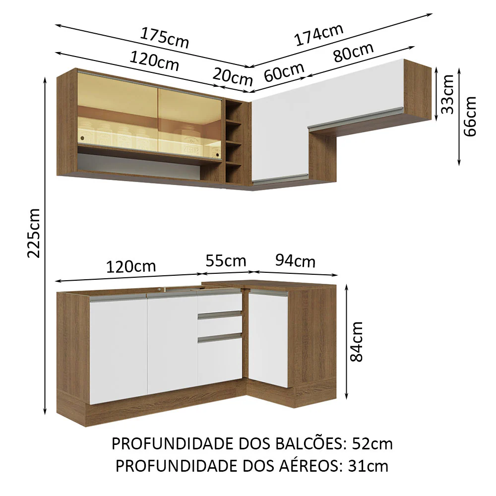 Armário de Cozinha Completa de Canto 349cm Rustic/Branco Glamy Madesa 06 - Image 3