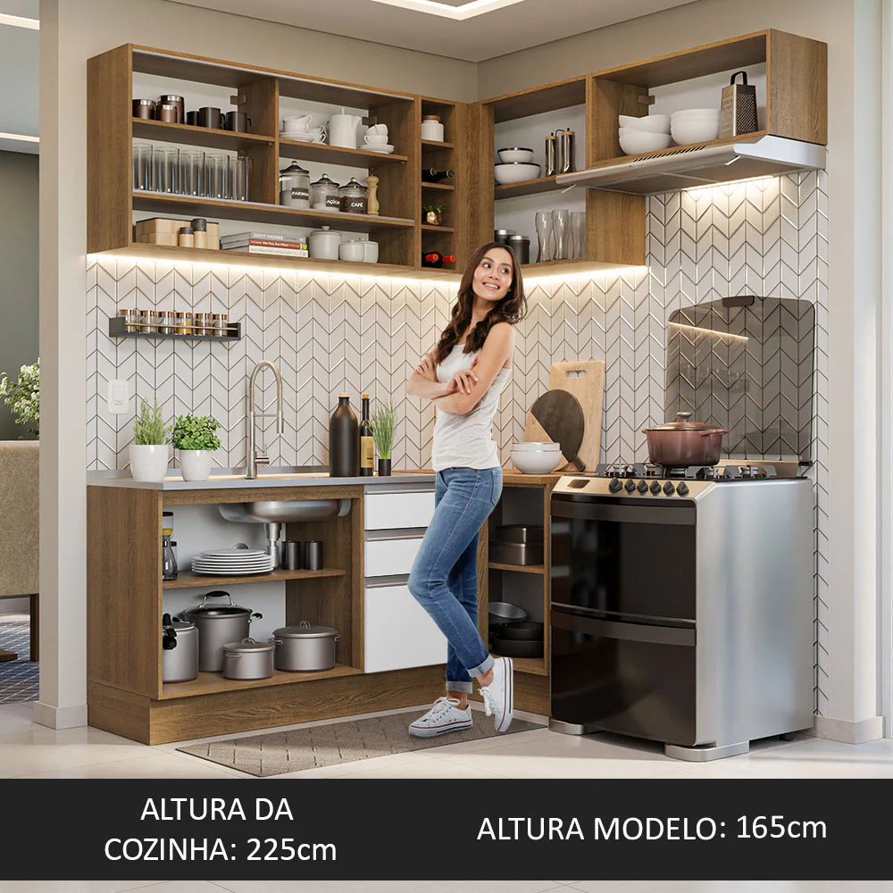 Armário de Cozinha Completa de Canto 349cm Rustic/Branco Glamy Madesa 06 - Image 6