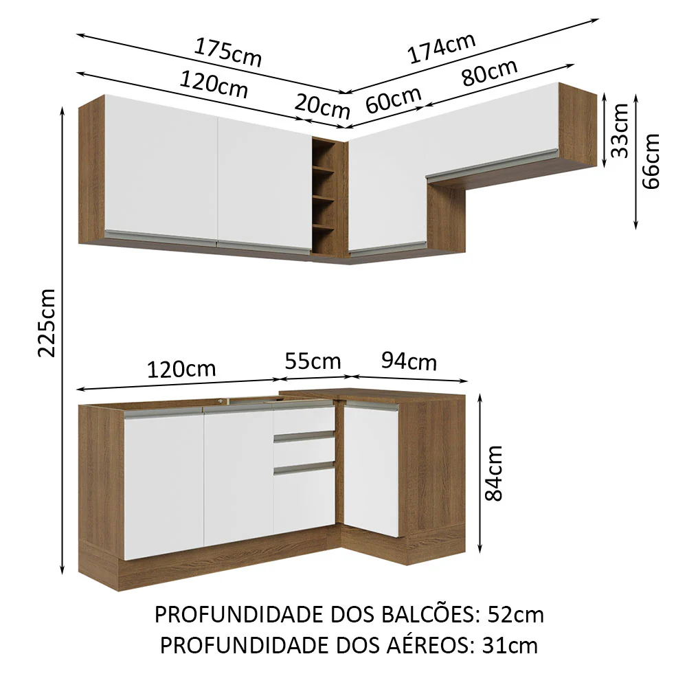Armário de Cozinha Completa de Canto 349cm Rustic/Branco Glamy Madesa 07 - Image 3