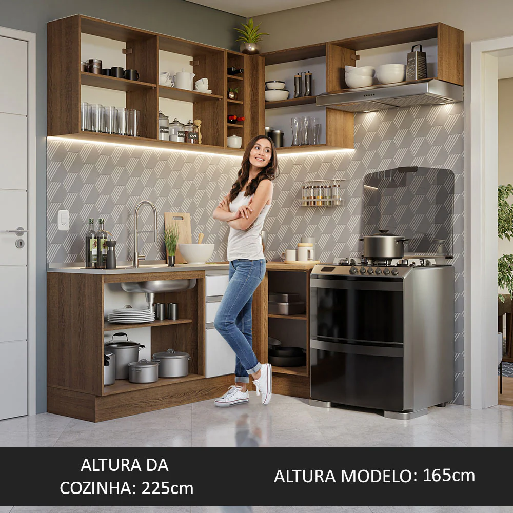 Armário de Cozinha Completa de Canto 349cm Rustic/Branco Glamy Madesa 07 - Image 6