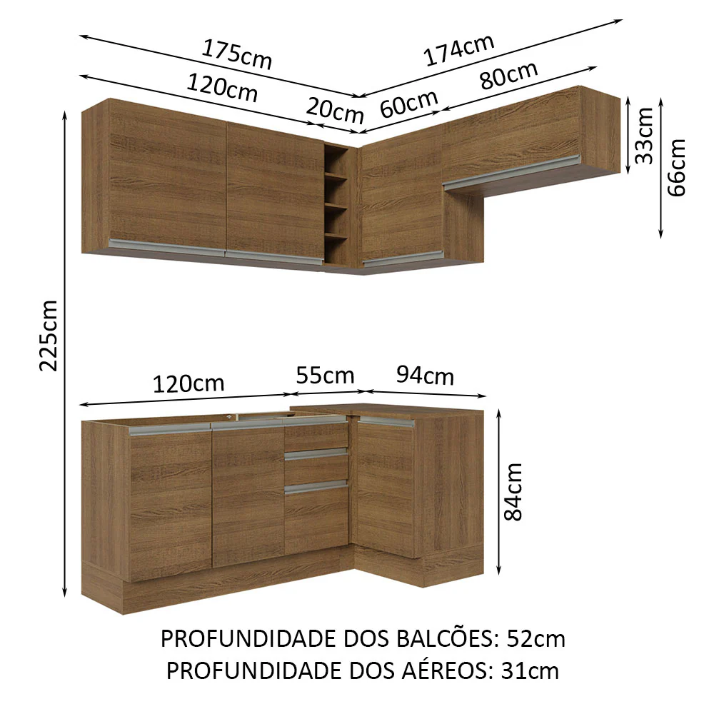 Armário de Cozinha Completa de Canto 349cm Rustic Glamy Madesa 07 - Image 3