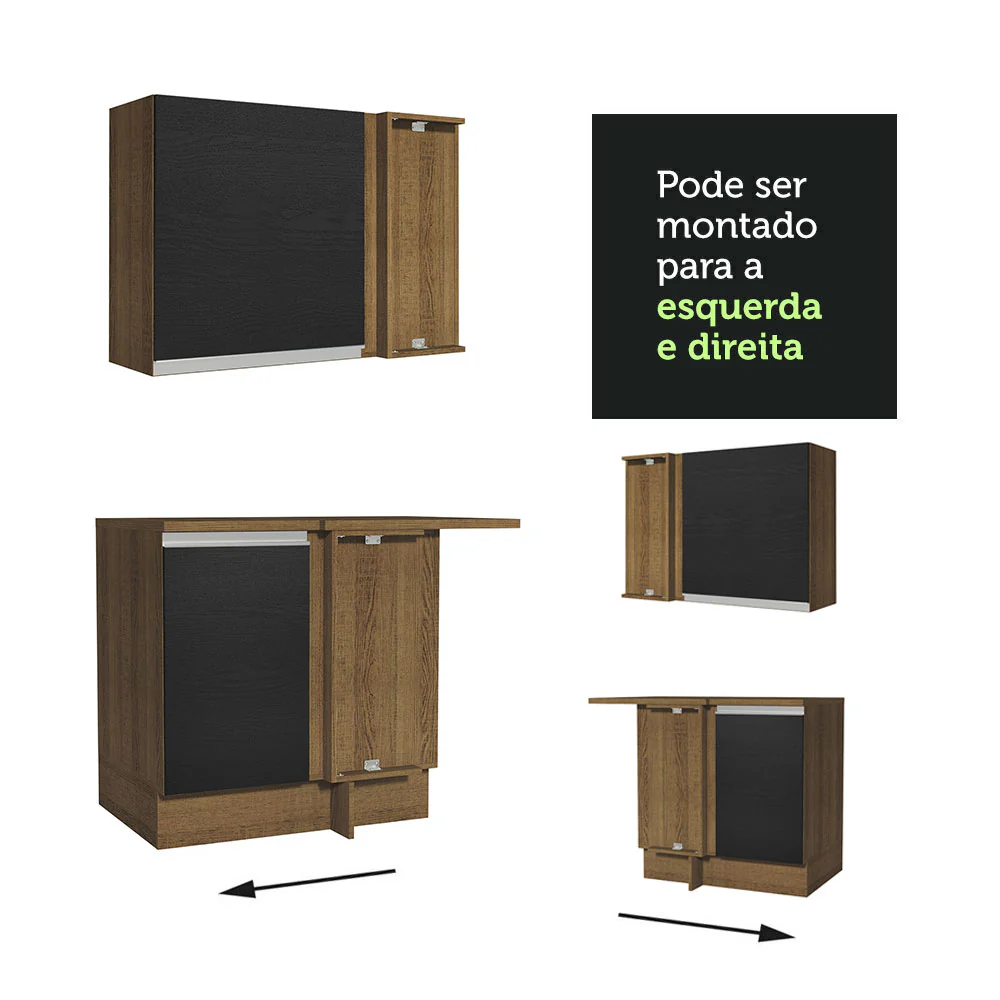Armário de Cozinha Completa de Canto 349cm Rustic/Preto Glamy Madesa 06 - Image 10