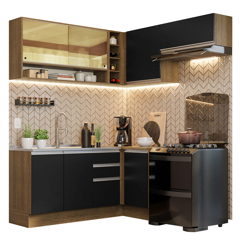 Armário de Cozinha Completa de Canto 349cm Rustic/Preto Glamy Madesa 06 - Image 2
