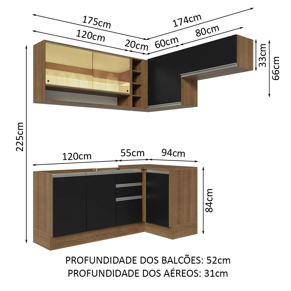 Armário de Cozinha Completa de Canto 349cm Rustic/Preto Glamy Madesa 06 - Image 3