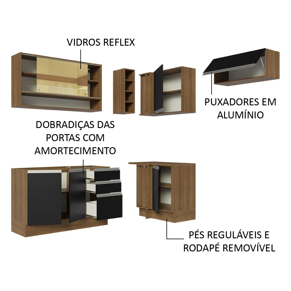 Armário de Cozinha Completa de Canto 349cm Rustic/Preto Glamy Madesa 06 - Image 4