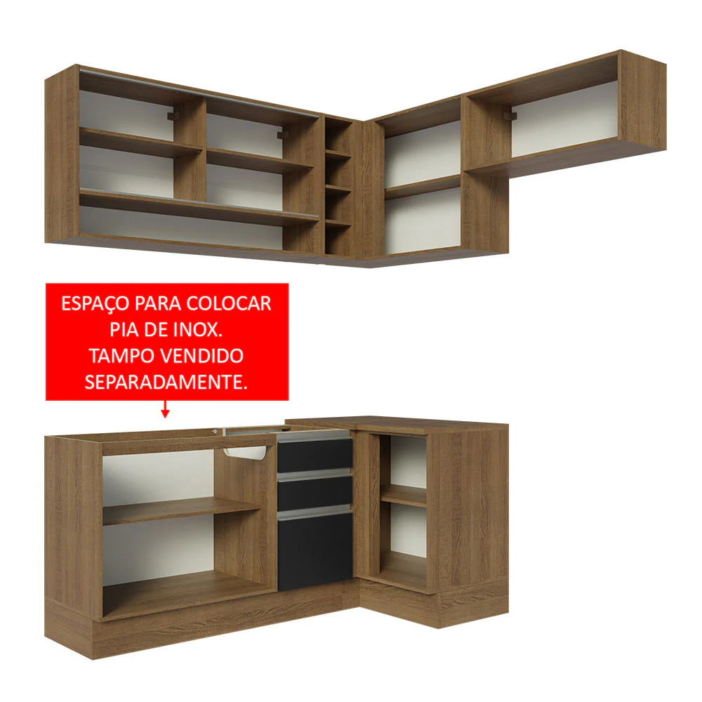 Armário de Cozinha Completa de Canto 349cm Rustic/Preto Glamy Madesa 06 - Image 5
