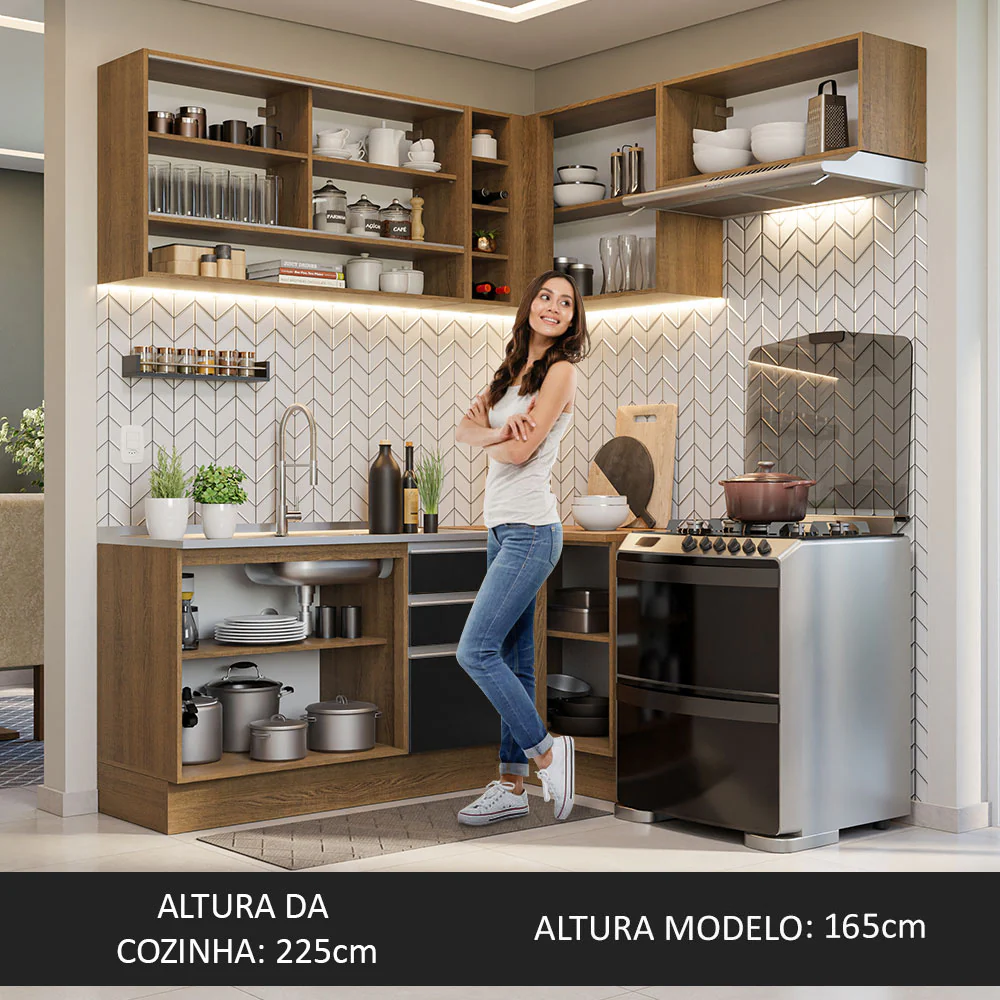 Armário de Cozinha Completa de Canto 349cm Rustic/Preto Glamy Madesa 06 - Image 6