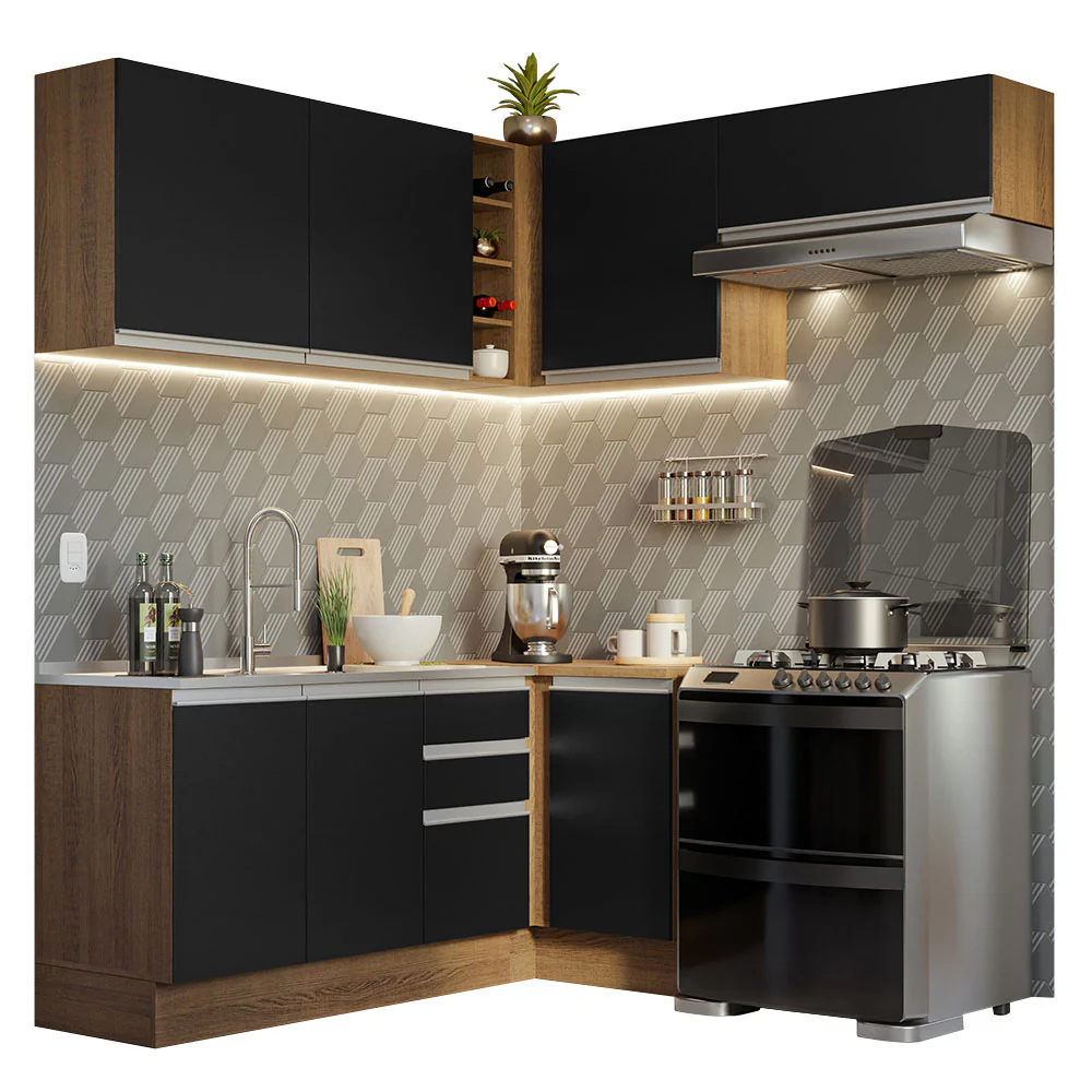 Armário de Cozinha Completa de Canto 349cm Rustic/Preto Glamy Madesa 07 - Image 2