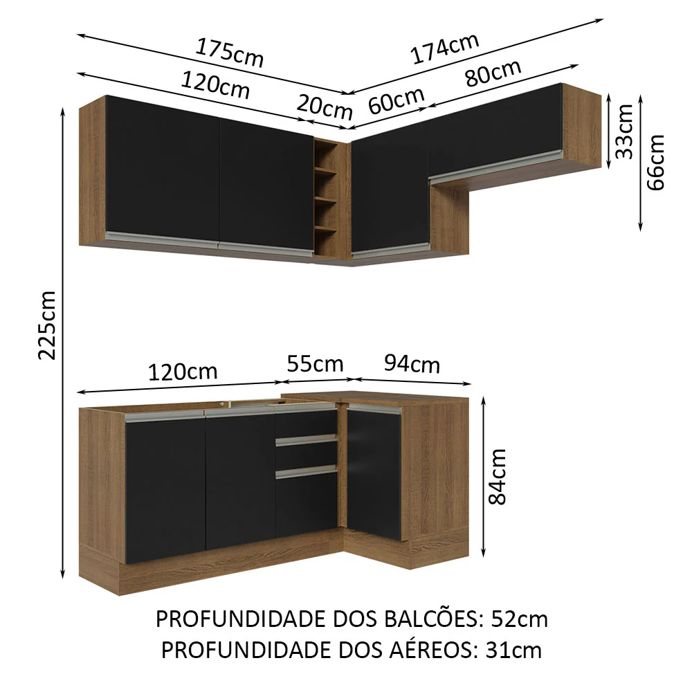 Armário de Cozinha Completa de Canto 349cm Rustic/Preto Glamy Madesa 07 - Image 3