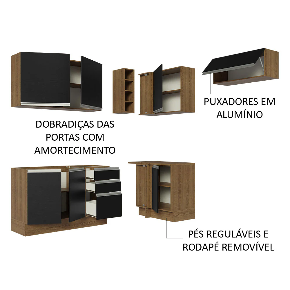 Armário de Cozinha Completa de Canto 349cm Rustic/Preto Glamy Madesa 07 - Image 4